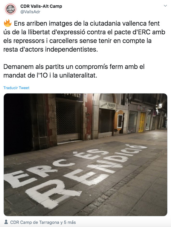 Apunte de Twitter de los CDR contra ERC / @VallsAdr