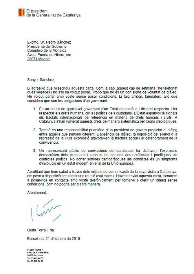 Carta enviada por el 'president' Quim Torra a Pedro Sánchez / Gencat
