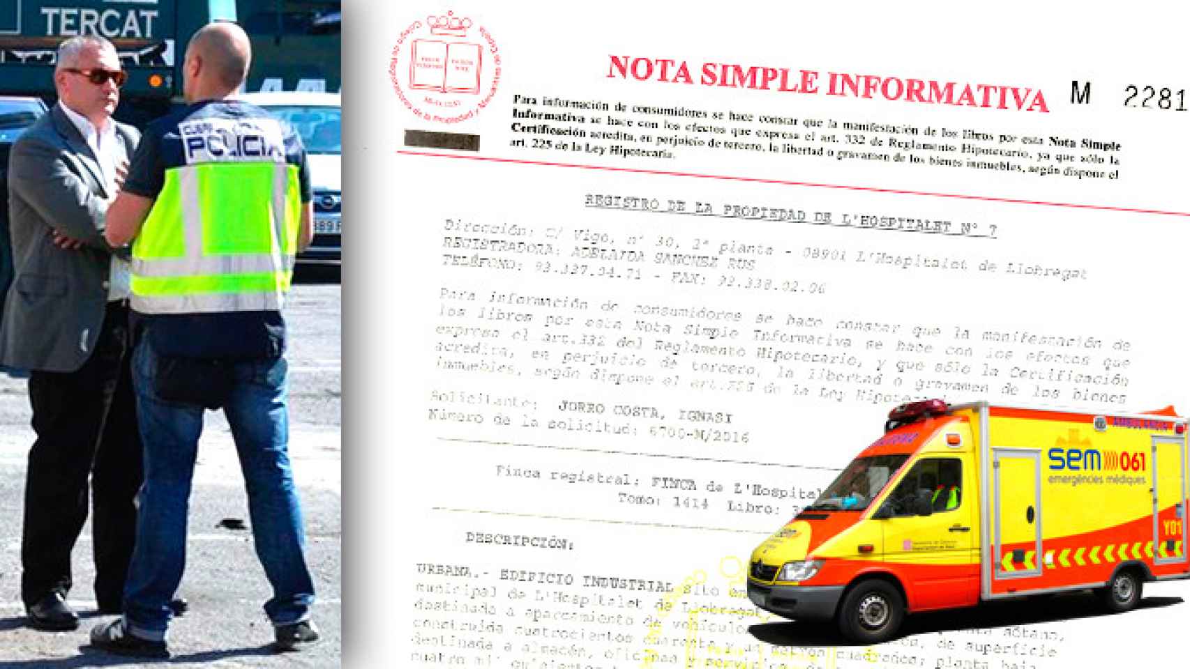 El empresario José Mestre, una ambulancia del SEM y la nota registral de la sede de emergencias / CG