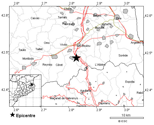 Mapa que ilustra el epicentro del seísmo, entre Céret y Le Boulou / ICGC