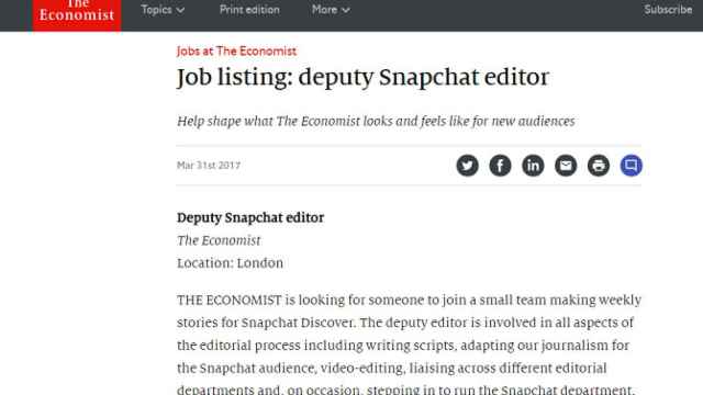 La oferta descrita en la web de 'The Economist', en la que buscan a un editor para Snapchat / CG