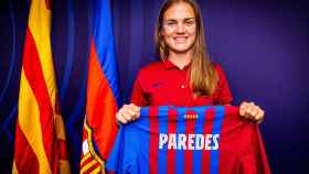 Irene Paredes, hasta ahora capitana del París Saint-Germain, en su presentación como nueva jugadora del Barça femenino / FCB