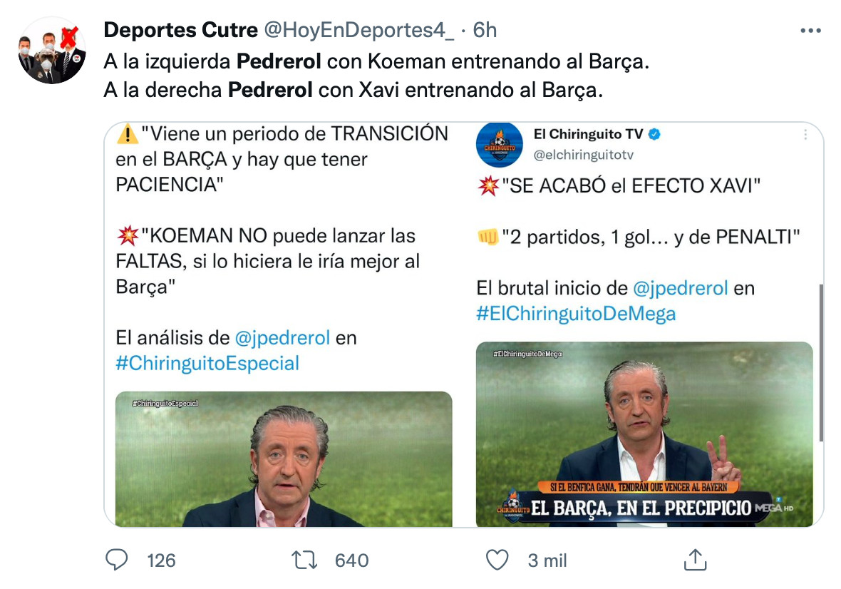 Tweet en que se critica la doble vara de medir de Pedrerol / @Hoyendeportes4_