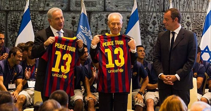 Shimon Peres, Netanyahu y Rosell en la visita del Barça a Israel / FC Barcelona