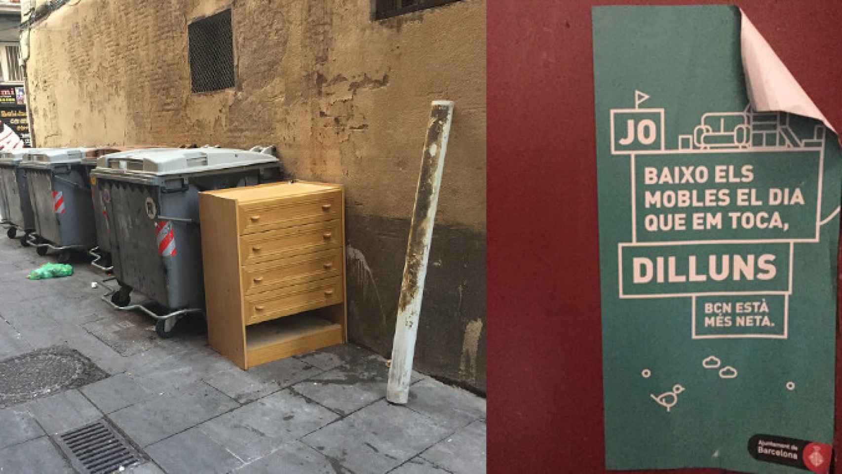 Imagen de muebles en la calle en Barcelona y los carteles solo en catalán del Ayuntamiento de Barcelona / CG