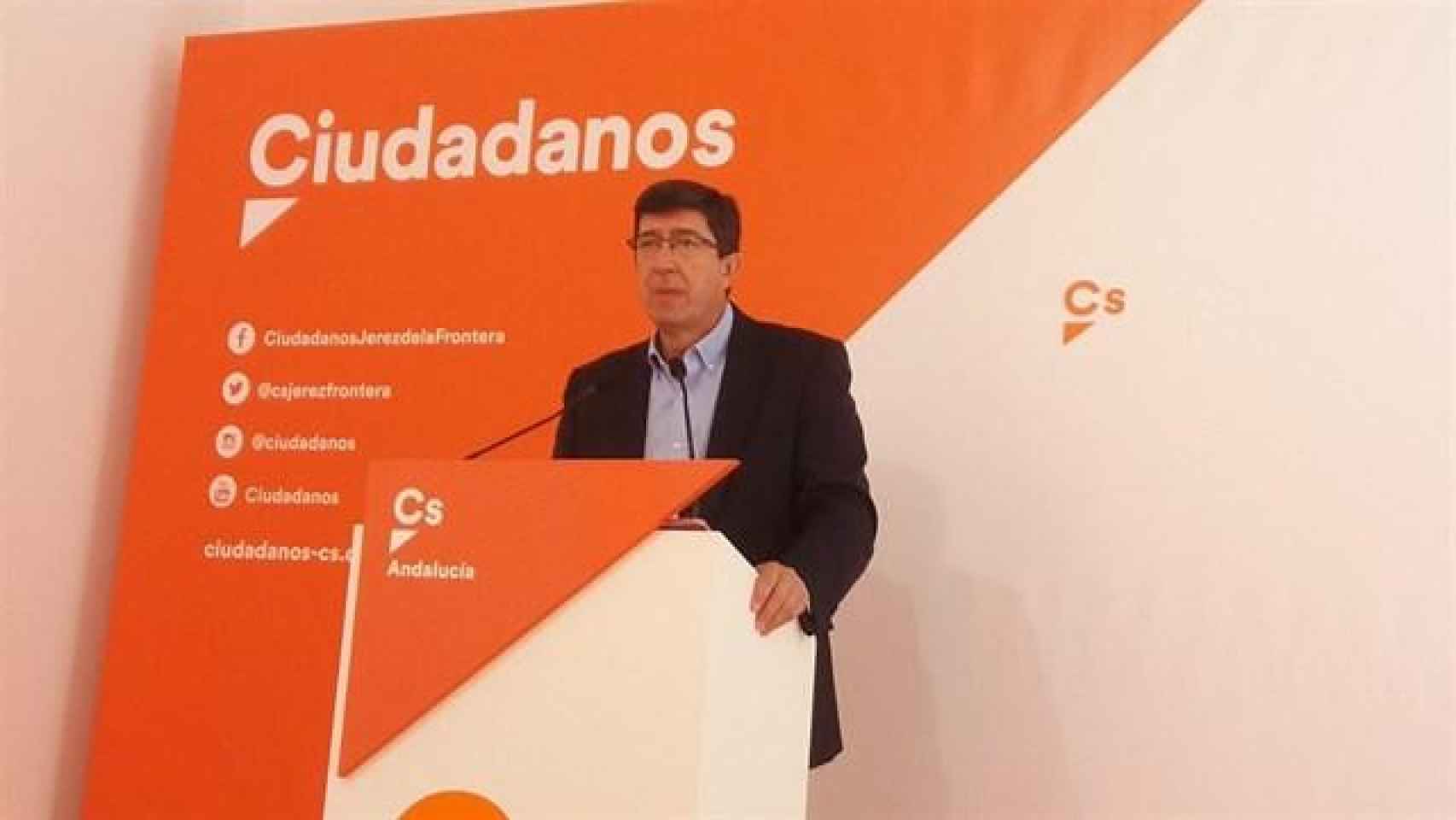 Juan Marín, portavoz de Ciudadanos en Andalucía durante su comparecencia esta mañana en la que ha hablado de la amenaza / EUROPA PRESS
