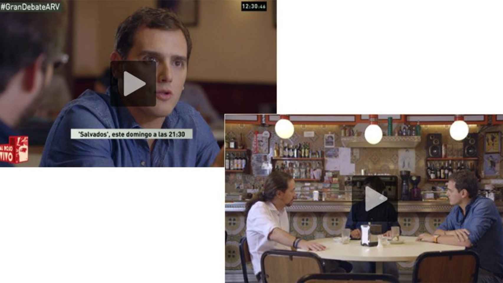 Imágenes de dos fragmentos del programa 'Salvados' que se emitirá el domingo en La Sexta con Jordi Évole como moderador y Pablo Iglesias y Albert Rivera de invitados.