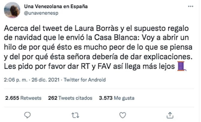 El primer tuit del hilo de @unavenenesp sobre Laura Borràs / CG