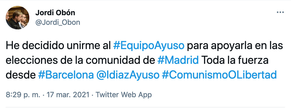 Jordi Obón anuncia que se une al equipo de Ayuso / TWITTER