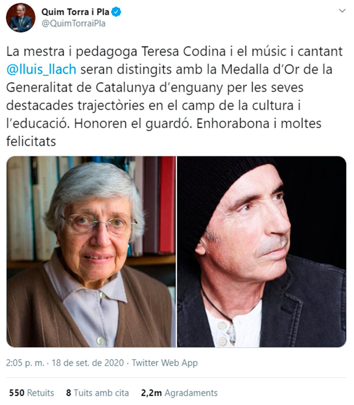 Lluís Llach y Teresa Codina, Medalla de Oro de la Generalitat / TWITTER