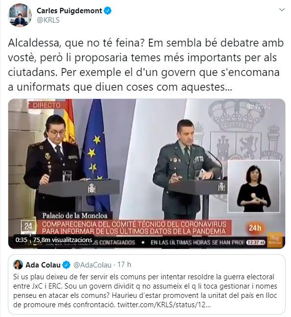 Rifirrafe entre Puigdemont y Colau en Twitter
