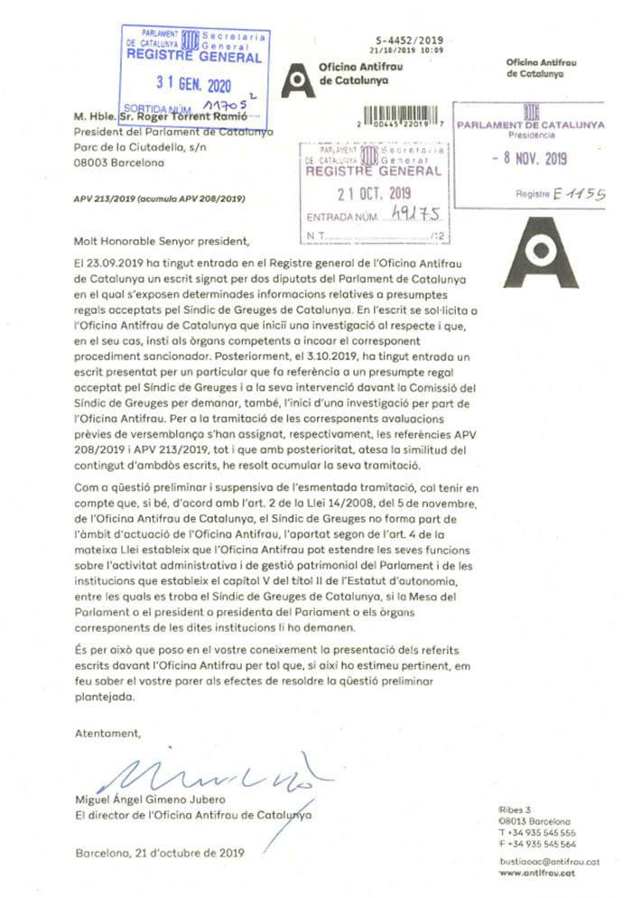 Carta enviada por el director de la Oficina Antifraude de Cataluña al presidente del Parlament