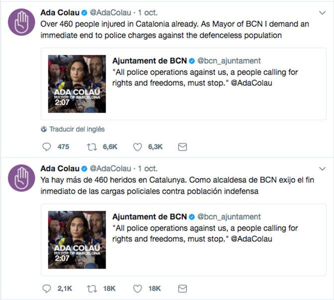 Los 'tuits' de Ada Colau para exigir el fin de las cargas policiales el pasado 1-O / CG