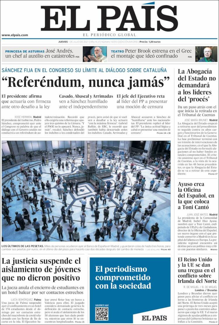 Portada de 'El País' del 1 de julio de 2021 / KIOSKO.NET