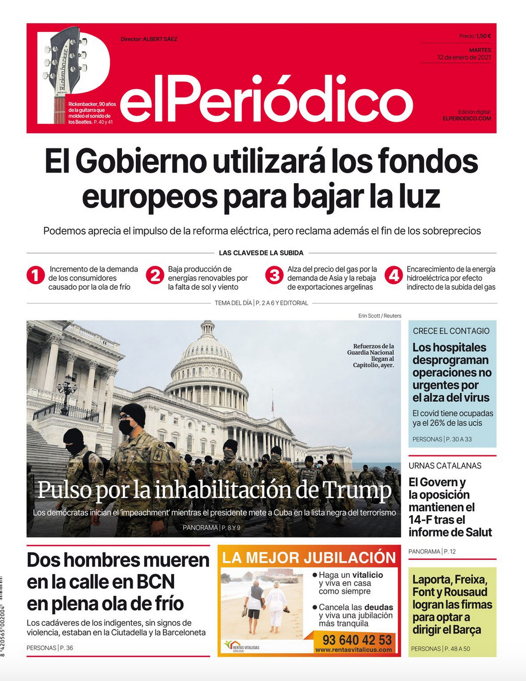 Portada de 'El Periódico' del 12 de enero de 2021/ EL PERIÓDICO