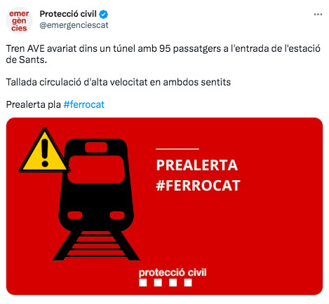 Protecció informa sobre la activación del plan Ferrocat en prealerta a través de su cuenta de Twitter / TWITTER