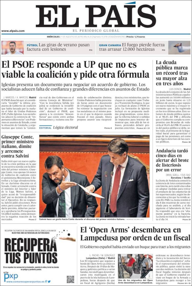 Portada de 'El País' del miércoles 21 de agosto