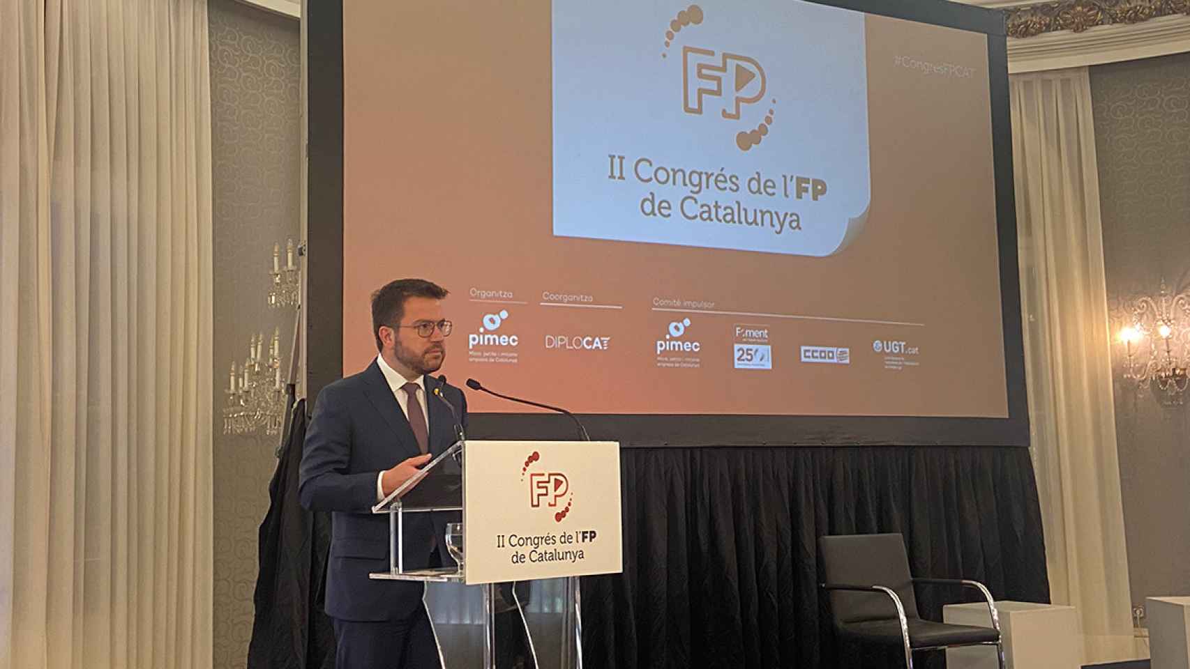 El presidente de la Generalitat, Pere Aragonès, quien aprovecha un congreso sobre FP para cargar contra el Gobierno por las infraestructuras / CG