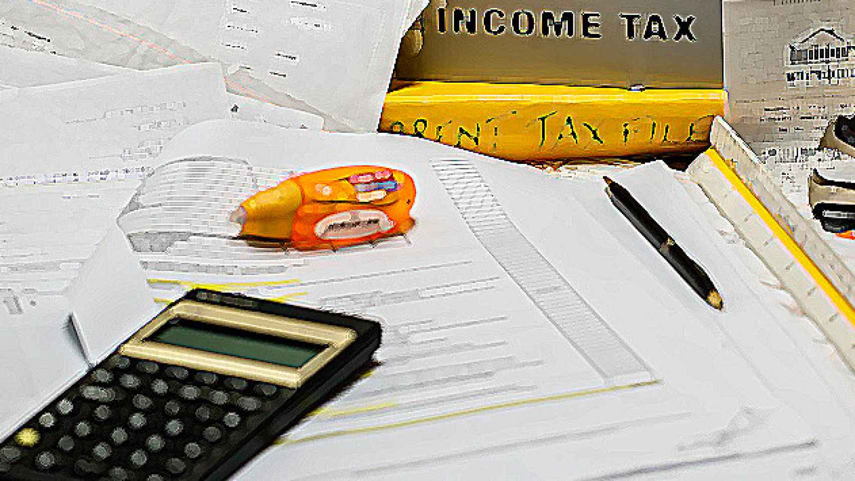 Calculadora, facturas y libros para hacer la declaración de la renta