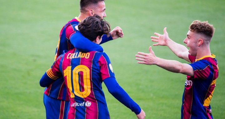 Álex Collado, Rey Manaj y Peque celebrando el primer gol ante el Ibiza / FCB