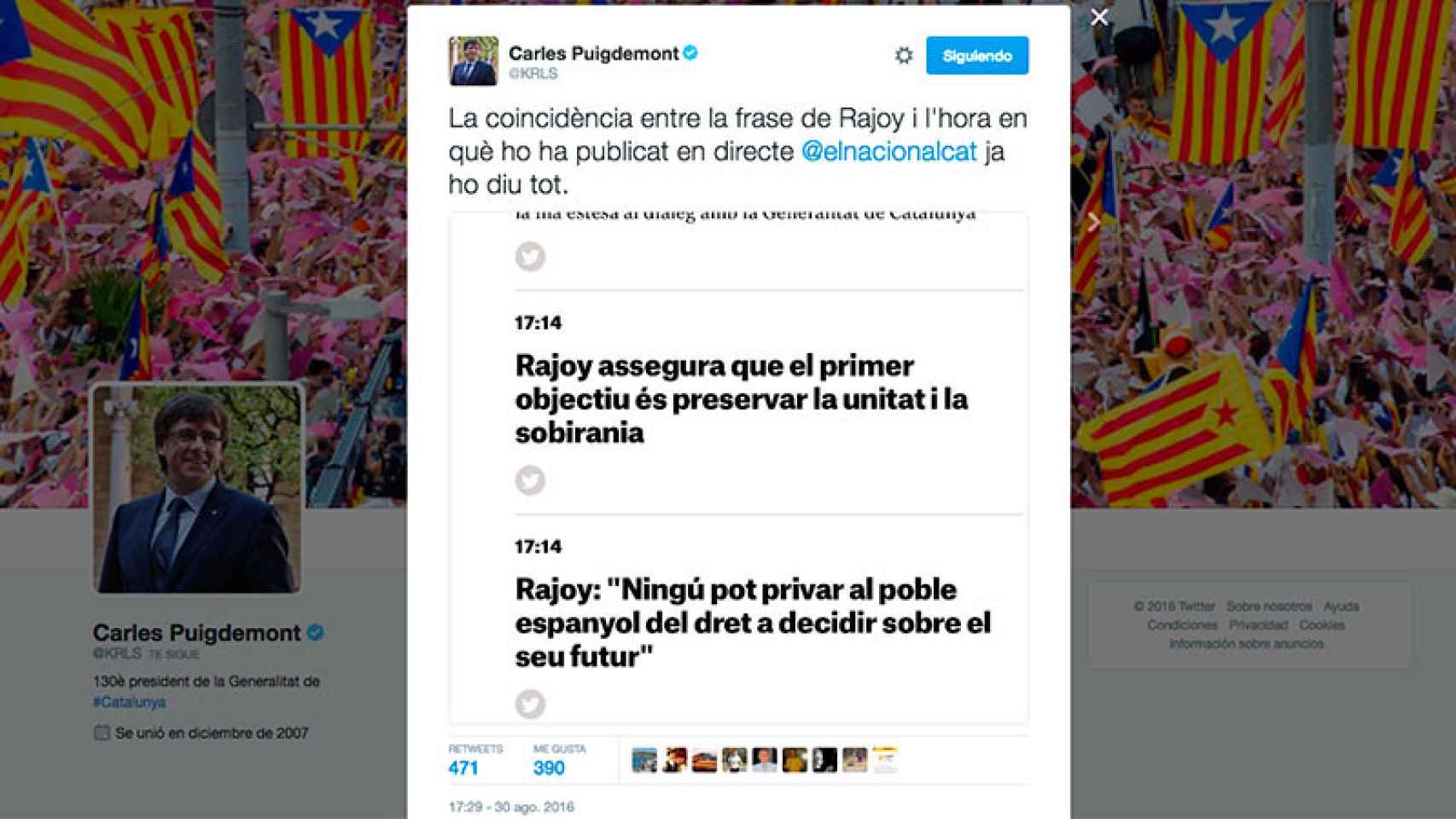 Tuit de Puigdemont sobre el discurso de investidura de Rajoy. - TWITTER