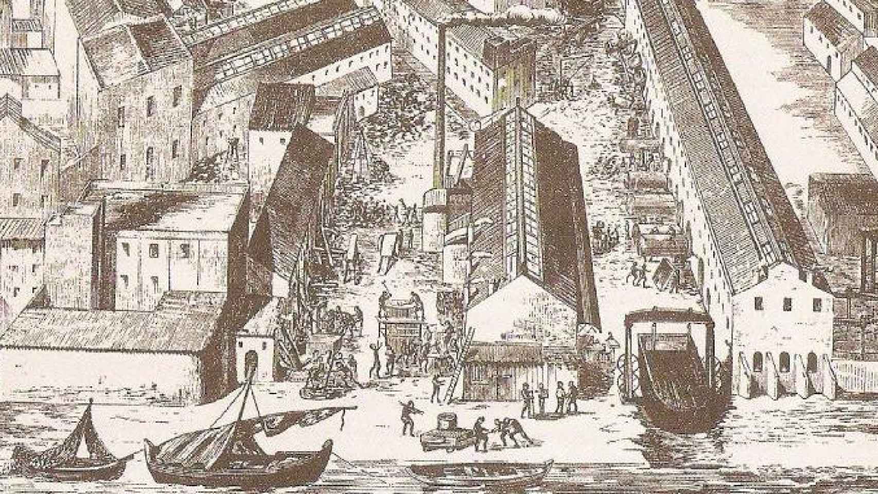 Dibujo de la primera etapa de La Maquinista Terrestre y Marítima, en la Barceloneta / ARCHIVO
