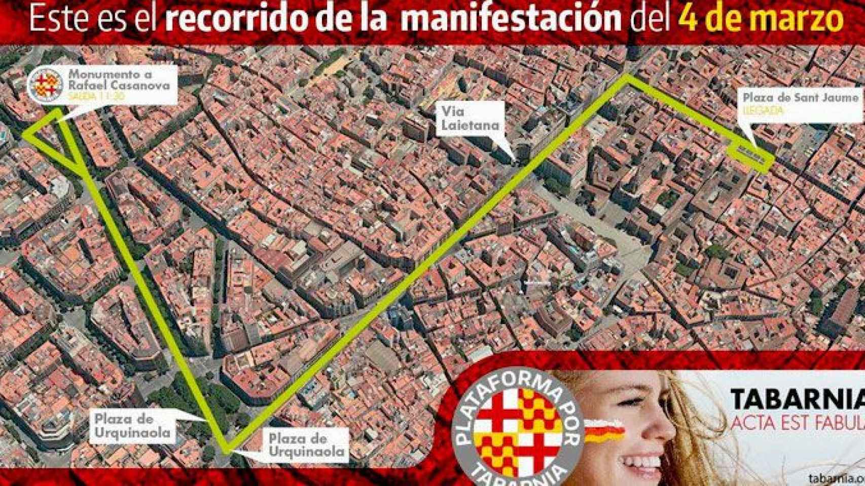 El recorrido de la manifestación de Tabarnia que recorrerá este domingo el centro de Barcelona / CG