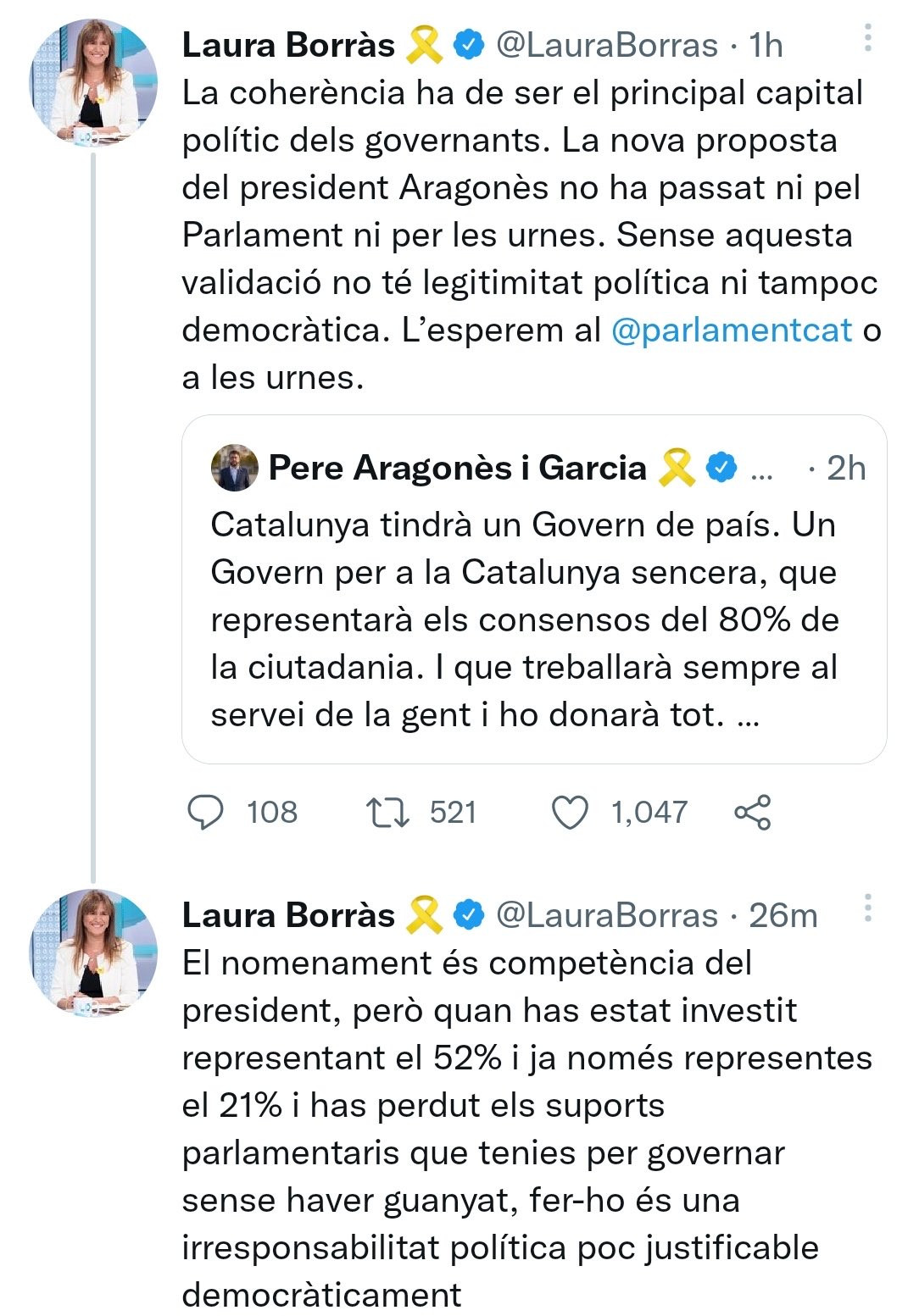 El tuit de Laura Borràs restando legitimidad al Govern de Pere Aragonès / CG