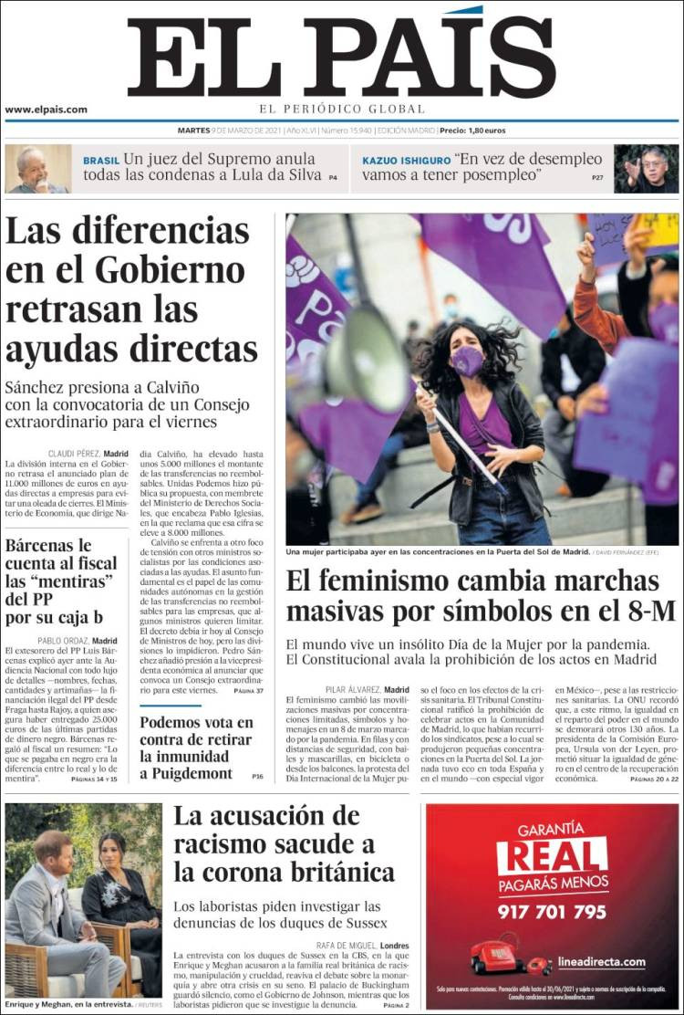 Portada del 9 de marzo de 2021 de 'El País' / KIOSKO.NET