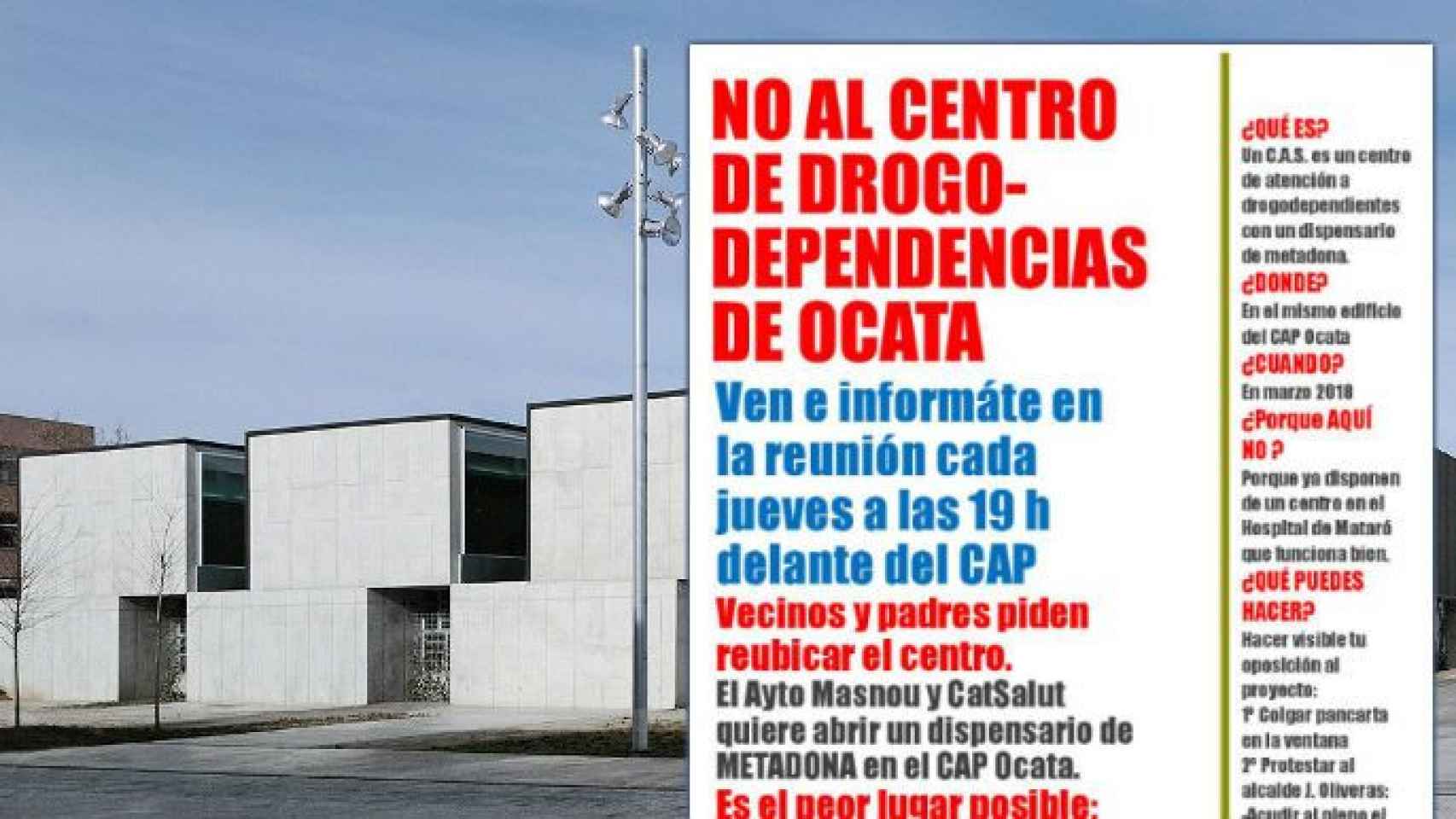Vista del CAP Ocata y del cartel que llama a los vecinos a la movilización en Ocata, en El Masnou (Barcelona) / CG