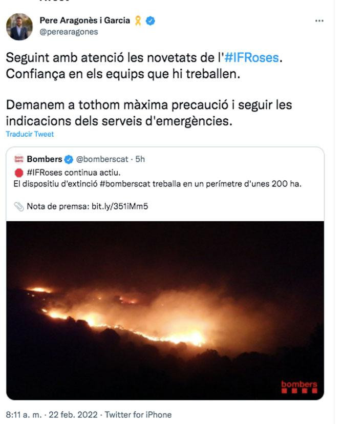 El tuit del presidente catalán, Pere Aragonès, sobre el incendio / TWITTER