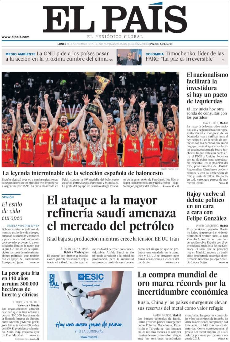 Portada de 'El País' del lunes 16 de septiembre