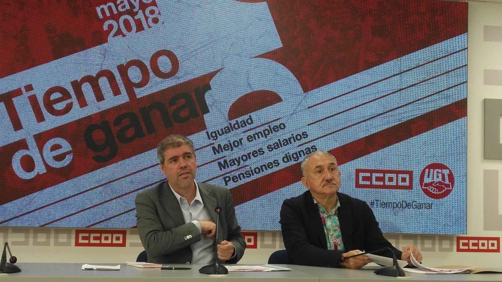 Los secretarios generales de CCOO, Unai Sordo, y UGT, Pepe Álvarez, presentan la protesta del 1 de mayo de 2018 / EP