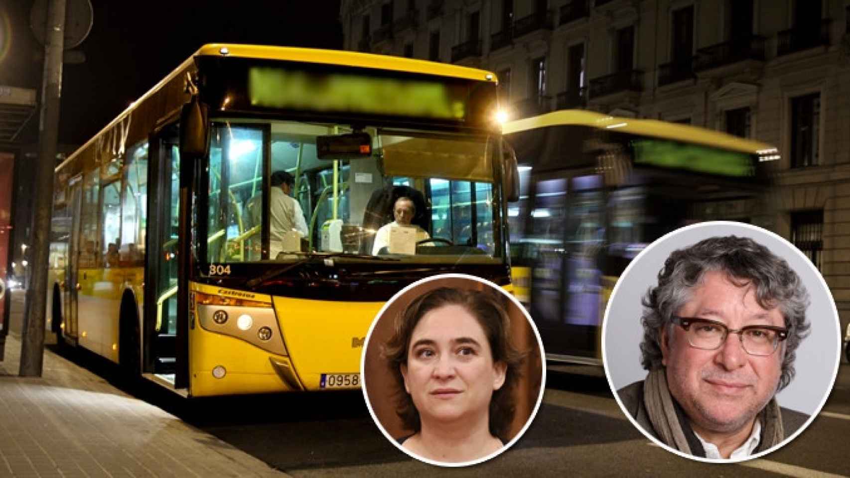 Antonio Balmón, alcalde de Cornellà del Llobregat y vicepresidente del AMB, y Ada Colau, alcaldesa de Barcelona y presidenta del AMB, y un Nit Bus / FOTOMONTAJE DE CG