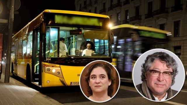 Antonio Balmón, alcalde de Cornellà del Llobregat y vicepresidente del AMB, y Ada Colau, alcaldesa de Barcelona y presidenta del AMB, y un Nit Bus / FOTOMONTAJE DE CG