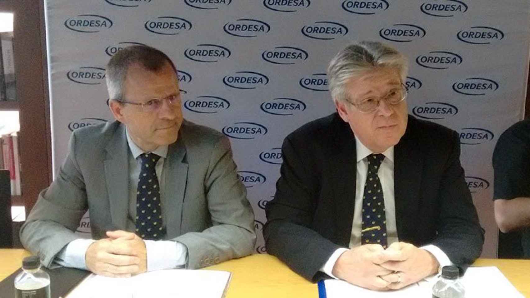 José J. Alonso, director de la Unidad de Negocio de Ordesa en España, y Joan Permanyer, director ejecutivo de la empresa, en la presentación de los resultados de 2015 el 4 de julio.