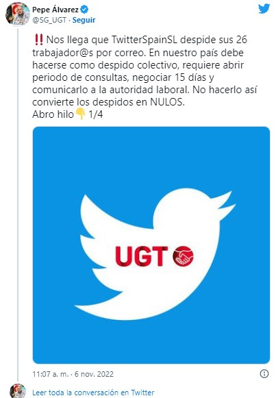 Tuit de Pepe Álvarez sobre los despidos en Twitter España