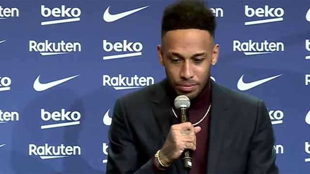 Pierre-Emerick Aubameyang, durante su presentación oficial con el Barça / Captura FCB