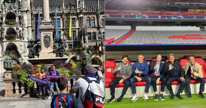 A un lado la Mainplatz de Múnich fotografiada por el periodista Albert Rogé; al otro lado, los dirigentes del Barça en el Allianz Arena / CULEMANIA