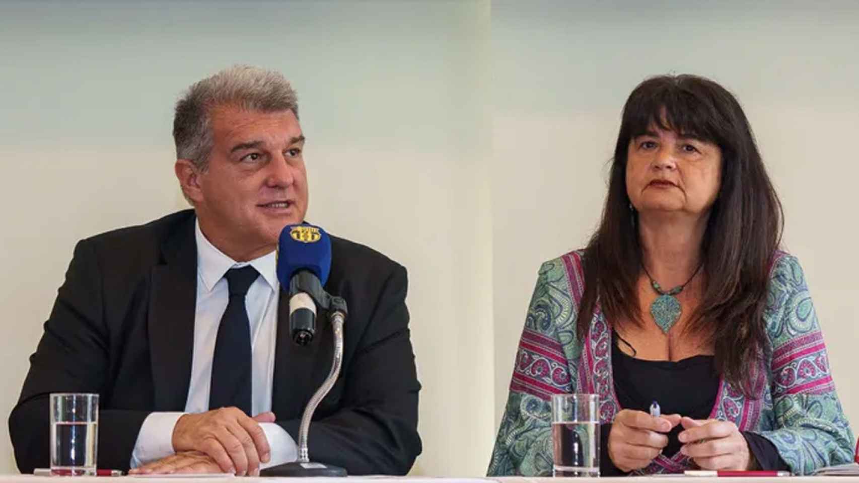 Joan Laporta, junto a Marta Segú, en una rueda de prensa en Colombia por los actos sociales de la Fundación / FCB