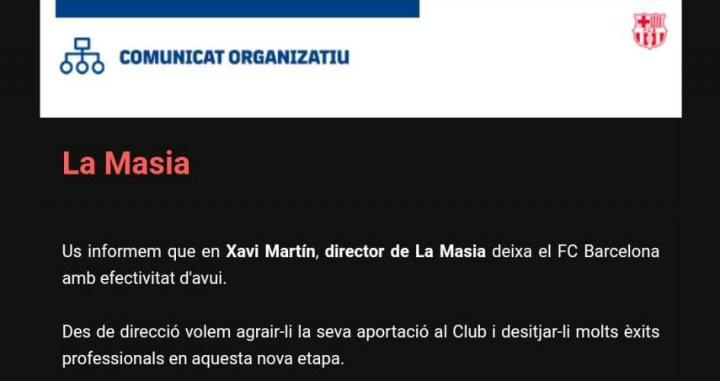 Comunicado de Xavi Martín / FCB