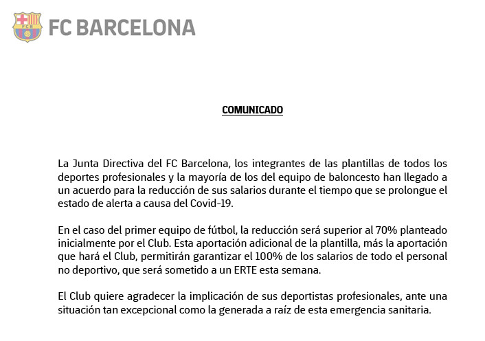 Comunicado del Barça sobre la rebaja salarial / FC Barcelona