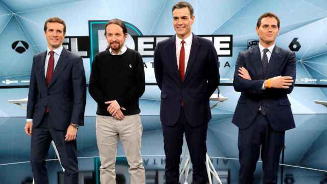 Imagen del debate a cuatro, los líderes de los cuatro partidos, para las elecciones del 28A organizado por 'Mediaset' con Pedro Sánchez, Albert Rivera, Pablo Casado y Pablo Iglesias / EFE