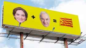 Imagen de la valla publicitaria que aparecerá en Barcelona en cuestión de horas con la cara de los líderes de uno de los bloques