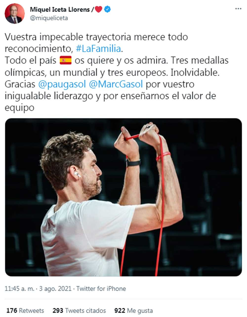 Tuit de Miquel Iceta sobre la eliminación de España en los Juegos y la retirada de Marc y Pau Gasol de la selección / TWITTER