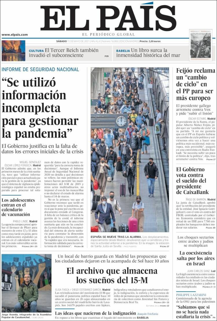 Portada de 'El País' del 15 de mayo de 2021 / KIOSKO.NET