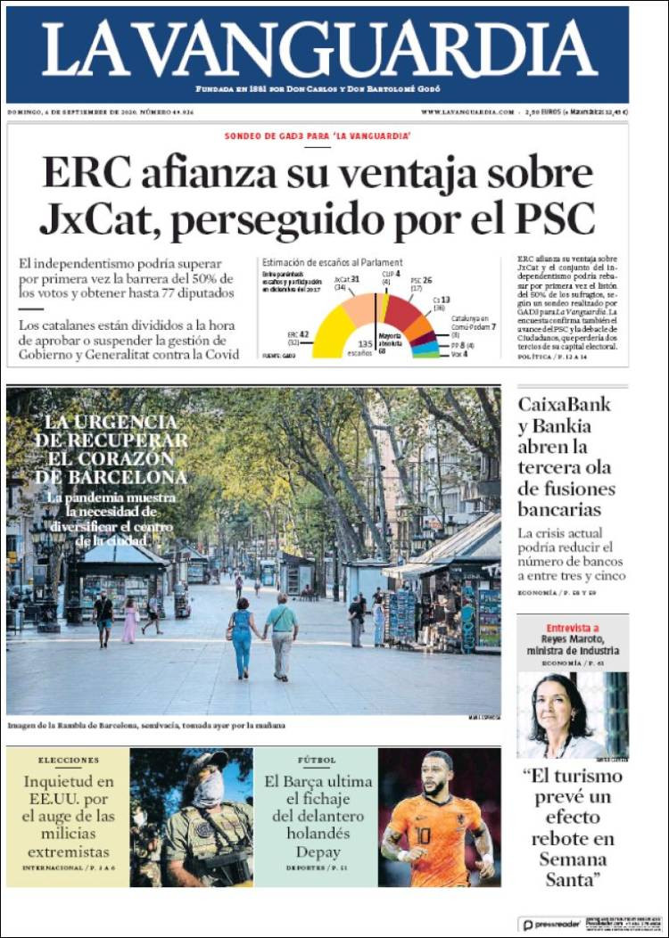 Portada de 'La Vanguardia' del domingo 6 de septiembre de 2020