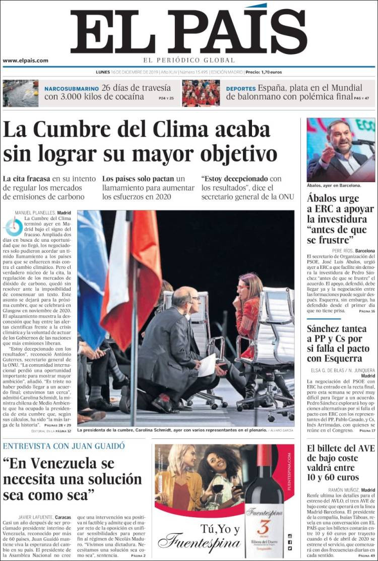 Portada de 'El País' del lunes 16 de diciembre