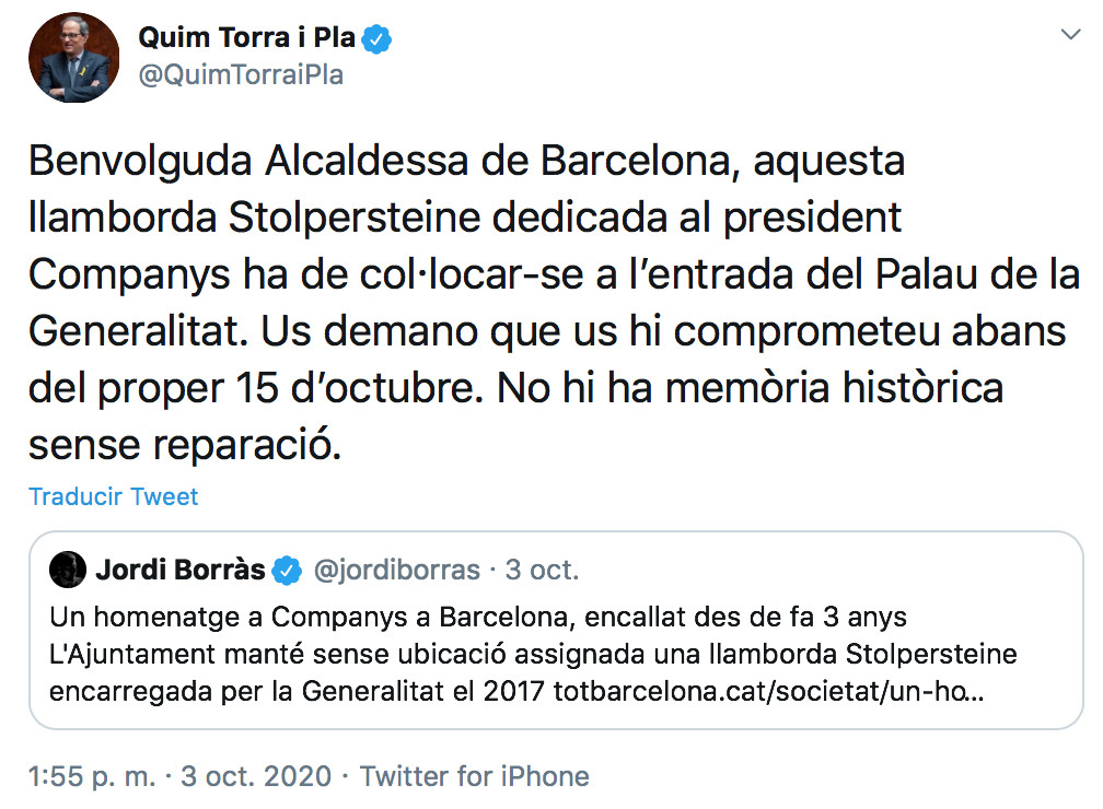 Mensaje de Quim Torra a la alcaldesa de Barcelona, Ada Colau