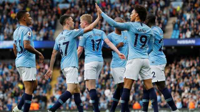 Gabriel Jesus, Foden y Sané celebrando un gol con el City / EFE